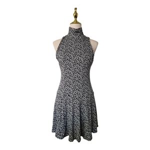 Free People Check It‎ Mini Dress Black White Floral Mock Neck Fit & Flare Size S